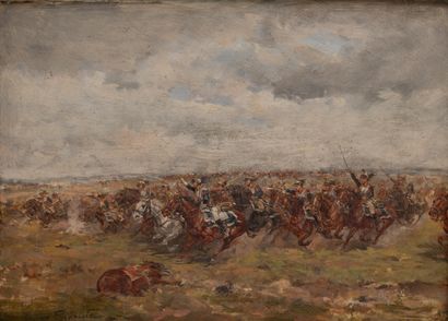 null Guido SIGRISTE (Aarau 1864 – Pau 1915)
La charge de cavalerie
Panneau d’acajou
Signé...