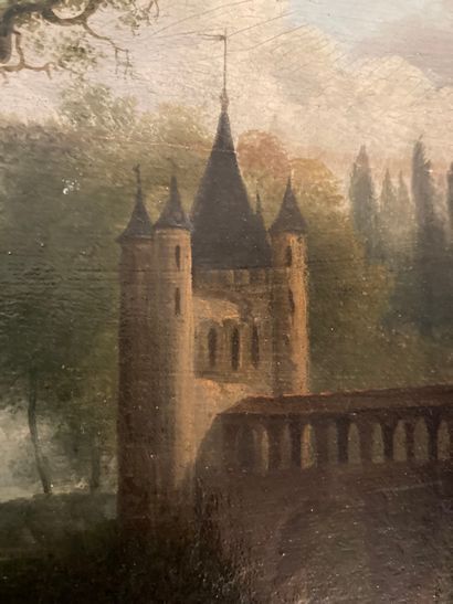 null Ecole Allemande du XVIIIe siècle 
Paysage lacustre au château.
Huile sur panneau
36...