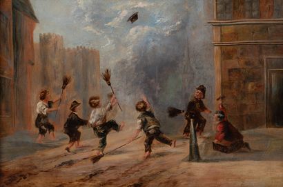 Ecole ANGLAISE du XIXème 
Enfants jouant
Toile
Porte...