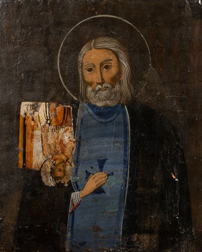null Saint holding the cross. 
Tempera on wood
Greece end of XIXth century, however...