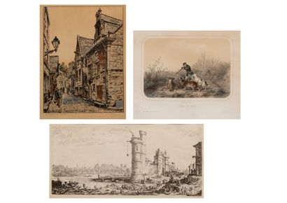 null Set of framed pieces: Jacques CALLOT (after), village view, wolf hunting