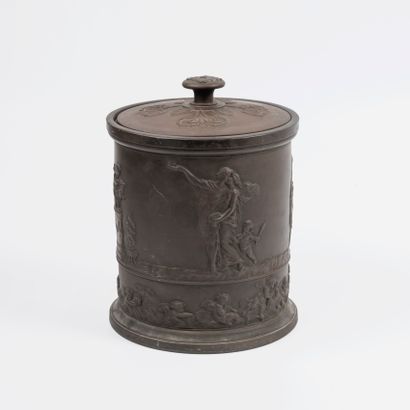 null SARREGUEMINES
Tobacco pot in brown stoneware with low relief decoration of scenes...