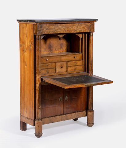 null Mahogany veneered secretary, the upper part opening to a drawer and a flap revealing...