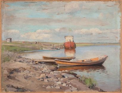 Nikolai Alexandrovich KLODT (1865-1918) Paysage à la rivière Huile sur toile marouflée...