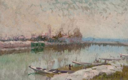 Elie Anatole PAVIL (1873-1948) Bord de rivière Huile sur toile, signée et dédicacée...