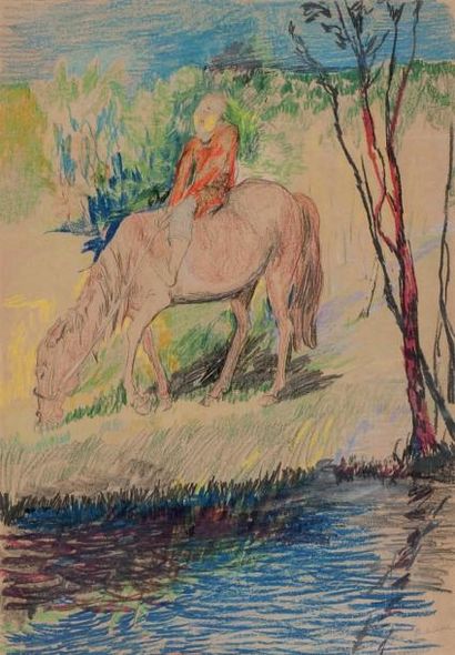 Filip MALYAVIN (1869-1940) Cavalier au bord de l'eau Pastel et crayon sur papier,...