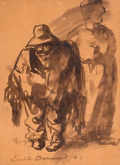 Émile BERNARD (1868-1941) Couple, 1923 Lavis, signé et daté en bas à gauche 28 x...