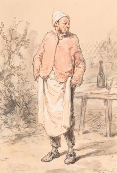 Paul GAVARNI (1804-1866) Le serveur Dessin rehaussé, signé en bas à gauche, étiquette...