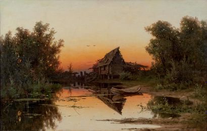 Aleksandr Aleksandrovich KISELEV (1838-1911) Le vieux moulin au coucher de soleil,...