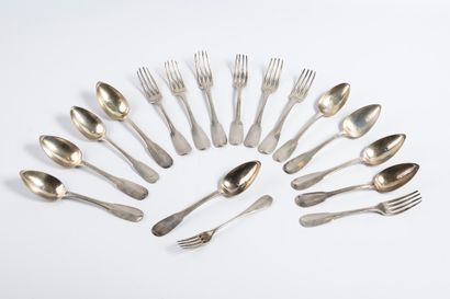 Eight silver soup spoons and seven table...