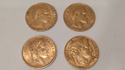 Quatre pièces de 20 francs or, 1851, 1854,...