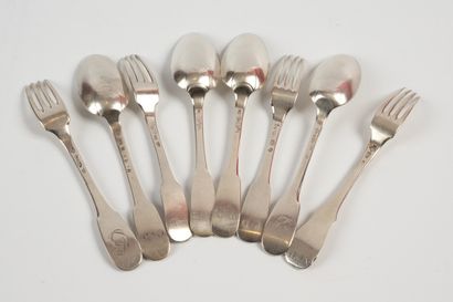 null FOUR SOUP SPoons and FOUR TABLE FORKS in silver. Uniplat model. Spatulas engraved...