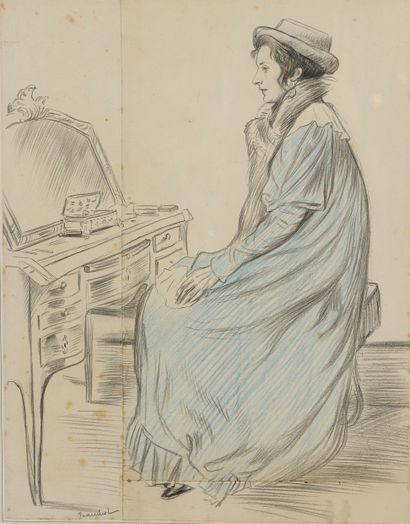 null Pierre- Georges JEANNIOT (1848-1934).
Femme dans un intérieur. 
Fusain et pastel...