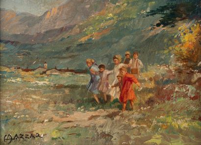 null Alfredo LAZZARI (Lucques 1871-1949)
Enfants se promenant
Panneau signé
14,5...