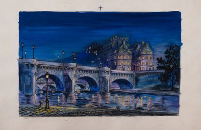 null Ecole Moderne.
Le Pont Neuf la nuit, Paris 
Lanternes, fenêtres et eau lumineuses.
Ajourée...