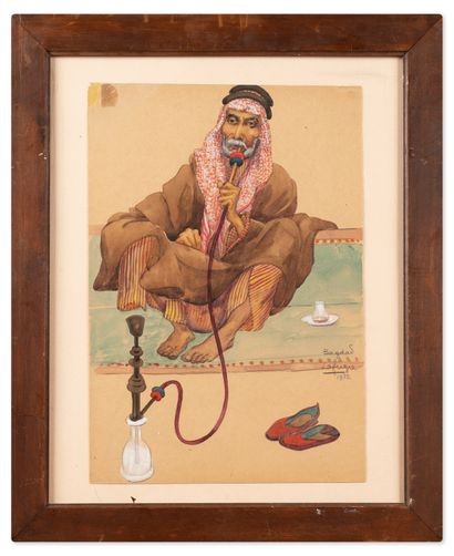 LAFUGIE (Léa). LAFUGIE (Léa). 
Homme assis fumant son narghilé.
Bagdad, 1932. Aquarelle...