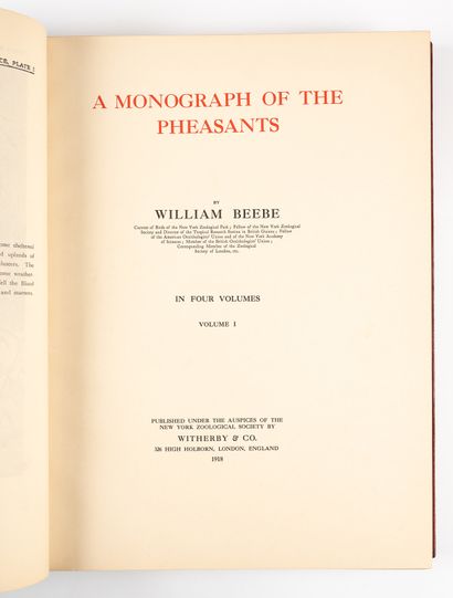 BEEBE (William). BEEBE (William). 
A monograph of the pheasants.
Londres, Witherby,...