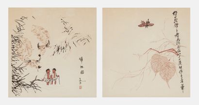 null ÉCOLE ASIATIQUE DU XXe SIÈCLE 
Personnages et bœufs
Papillons et feuilles
Paire...