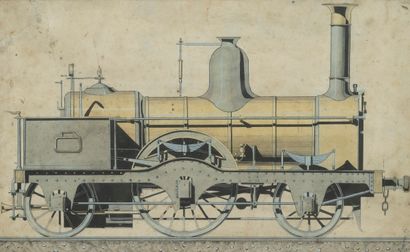 null ÉCOLE MODERNE
Locomotive à vapeur 
Dessin à l'encre aquarellé, signé et daté...