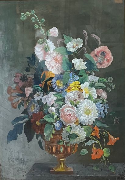 null Ecole Française vers 1900
Bouquet de fleurs sur un entablement
Gouache
81 x...