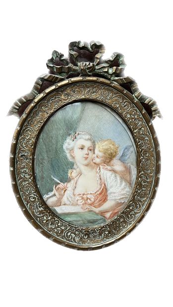 null Ecole vers 1900, dans le goût du XVIIIe siècle
Femme et enfant
Gouache miniature
H...