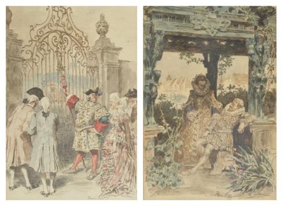 Henri PILLE (1844-1897) La grille - La rencontre Deux aquarelles sur trait d'encre....