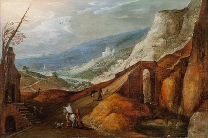 Ecole FLAMANDE du XVIIème siècle, atelier de Joos de MOMPER Cavalier dans un paysage...