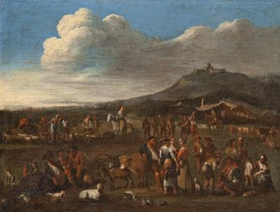 Ecole ROMAINE du XVIIIème siècle Le marché aux bestiaux Toile. 61 x 81,5 cm Usures...