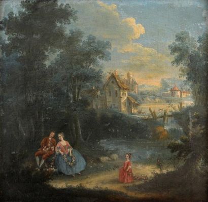 École FRANCAISE du XVIIIe siècle Couple à l'orée de la forêt Toile. 57 x 64,5 cm...