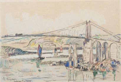 Paul SIGNAC (1863-1935) Le pont suspendu à Lezardrieux Dessin aquarellée, signée...