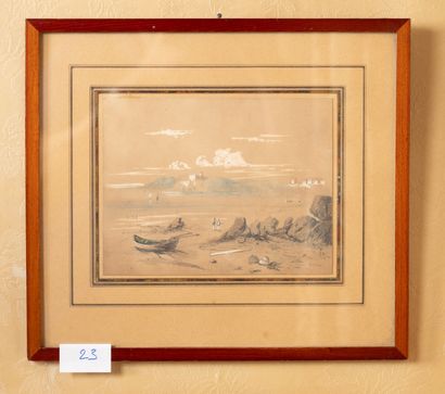 null Ecole du XIXe siècle
Barque au bord d'un lac
Fusain et gouache
13 x 16,5 cm...
