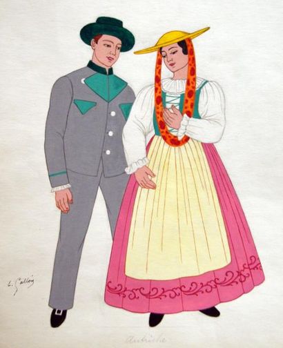 Gallois Emile (1882 - 1965) « Costumes autrichien et suisse » 2 dessins avec rehauts...