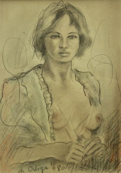 Ortega Charles (1925 - 2006) :  « Portrait de jeune fille » Aquarelle et crayon sur...