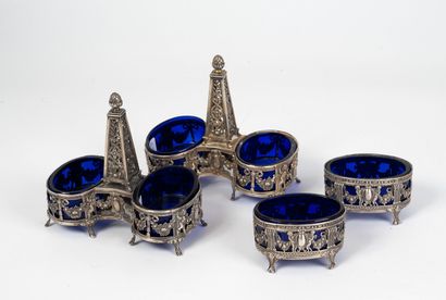 null Set in 925/1000th sterling silver and blue glass, comprising two double salt...