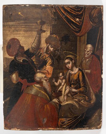null Ecole crétoise de Vénétie, XVIe siècle 
Adoration des Bergers
Panneau
42,5X...