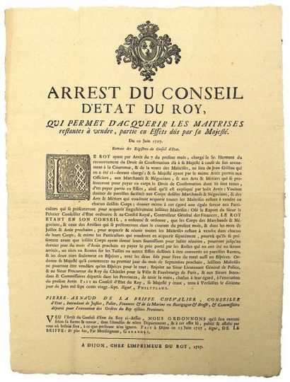 null 1727 - BOURGOGNE & BRESSE - EFFETS DUS À SA MAJESTÉ - Arrest du Conseil d'État...