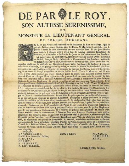 null 1727 - ORLÉANAIS - BOUCHERIE - « De par le Roy, son altesse Sérénissime, et...