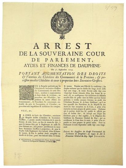 null 1729 - DAUPHINÉ - "Arrest de la Souveraine Cour de Parlement, Aydes et Finances...