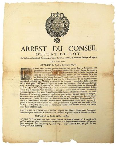 null 1732 - ALSACE - HABITS DE SOLDATS - "Arrest du Conseil d'Estat du Roy, qui défend...