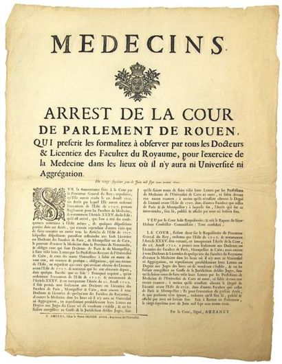 null 1733 - «MÉDECINS» - « Arrêt de la Cour de Parlement de ROUEN, qui prescrit les...