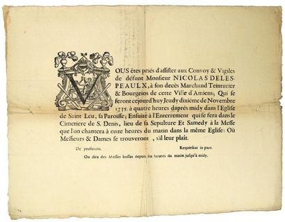 null 1735 - AMIENS (80) - Placard mortuaire de Mr Nicolas DELESPEAUX, à son décès...
