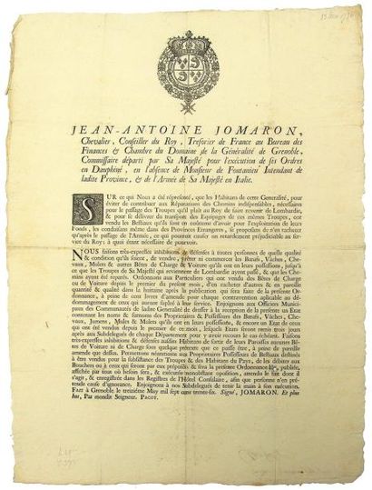 null 1736 - DAUPHINÉ - "Jean Antoine JOMARON, Chevalier, conseiller du Roi,... Commissaire...