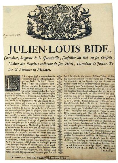 null 1737 - FLANDRES - FABRIQUES DE TOILES « Julien Louis BIDÉ, Chevalier, Seigneur...
