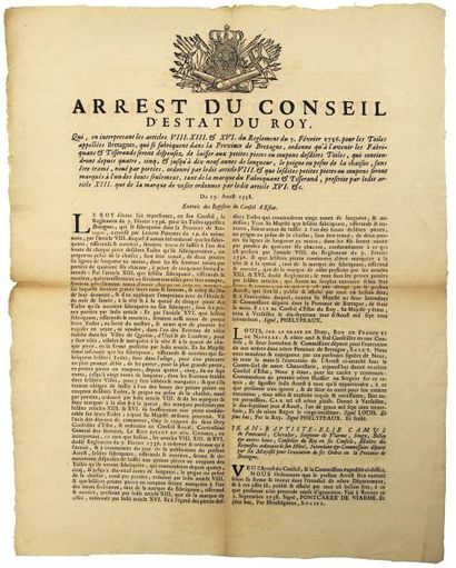 null 1738 - TOILES DE BRETAGNE - «Arrest du Conseil d'Etat du Roy, qui, en interprétant...