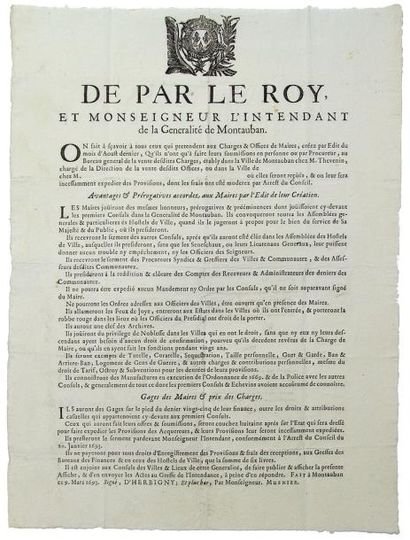 null 1693 - MONTAUBAN (82) - CHARGE DE MAIRES - De par le Roy, et Monseigneur D'HERBIGNY...