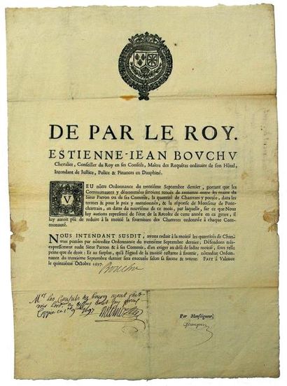 null 1697 - DAUPHINÉ - Ordonnance d'Estienne-Jean BOUCHU Conseiller du Roy, Intendant...