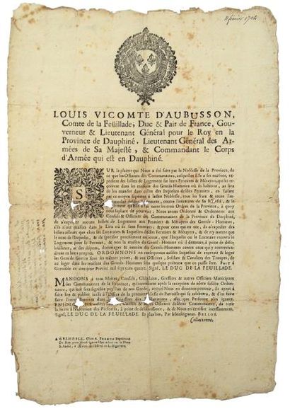 null 1704 - DAUPHINÉ - Louis Vicomte d'AUBUSSON, Comte de La Feuillade, Duc et Pair...