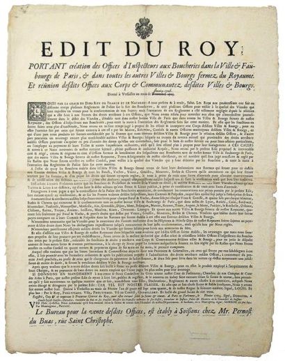 null 1704 - SOISSONS (02) - ÉDIT du Roy portant Création des Offices D'INSPECTEURS...