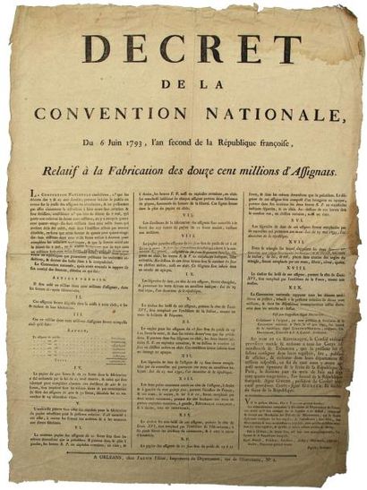 null 1793 - LOIRET - ASSIGNATS - Décret de la Convention Nationale, du 6 Juin 1793,...