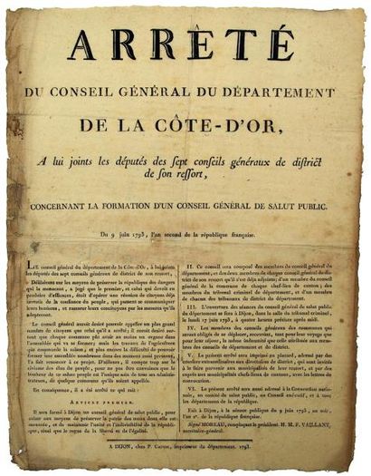null 1793 - CÔTE D'OR - CONSEIL GÉNÉRAL de SALUT PUBLIC - "Arrêté du Conseil général...